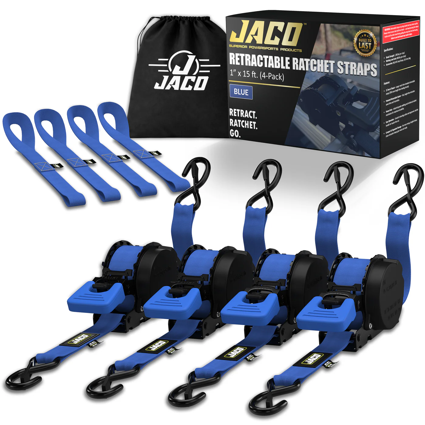 Retractable Ratchet Straps - 1" x 15 ft (1,760 lbs Break Strength) | Auto Self Retracting Cargo Tie Down Strap Set - Image 12