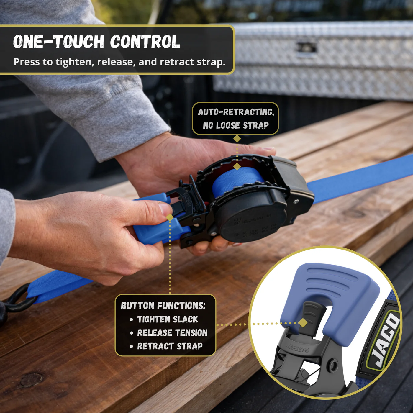 Retractable Ratchet Straps - 1" x 15 ft (1,760 lbs Break Strength) | Auto Self Retracting Cargo Tie Down Strap Set - Image 14