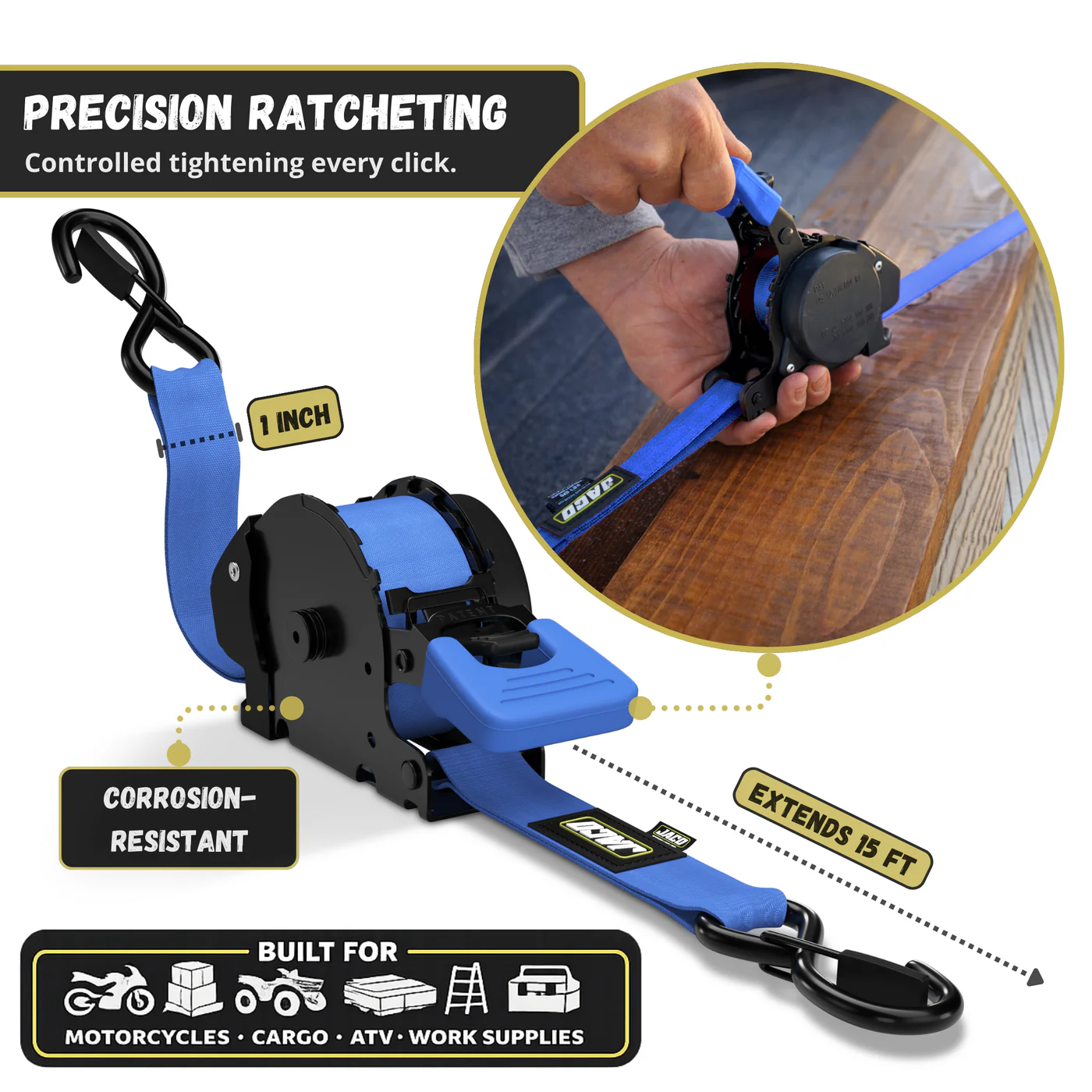 Retractable Ratchet Straps - 1" x 15 ft (1,760 lbs Break Strength) | Auto Self Retracting Cargo Tie Down Strap Set - Image 15