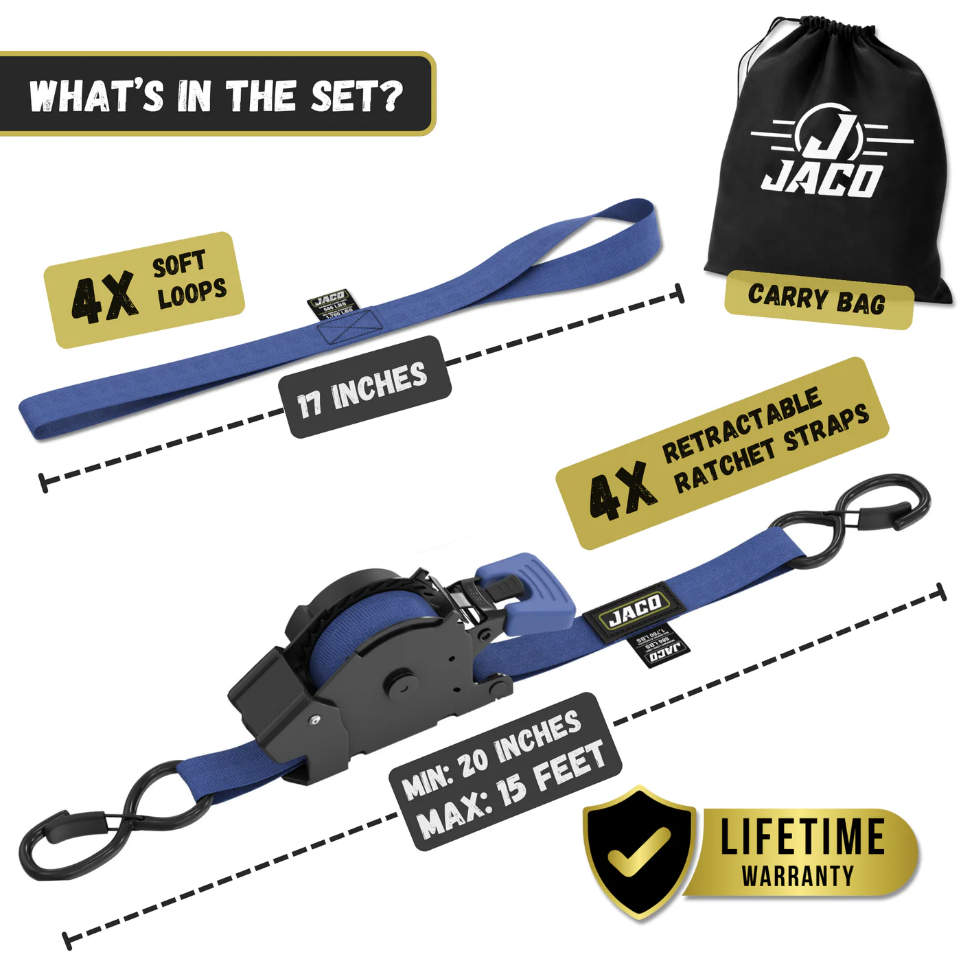 Retractable Ratchet Straps - 1" x 15 ft (1,760 lbs Break Strength) | Auto Self Retracting Cargo Tie Down Strap Set - Image 18
