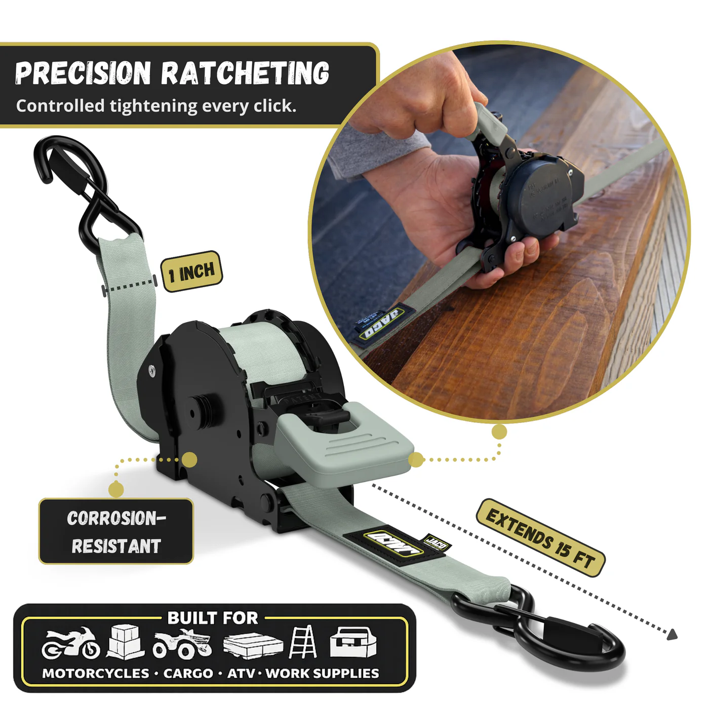 Retractable Ratchet Straps - 1" x 15 ft (1,760 lbs Break Strength) | Auto Self Retracting Cargo Tie Down Strap Set - Image 25