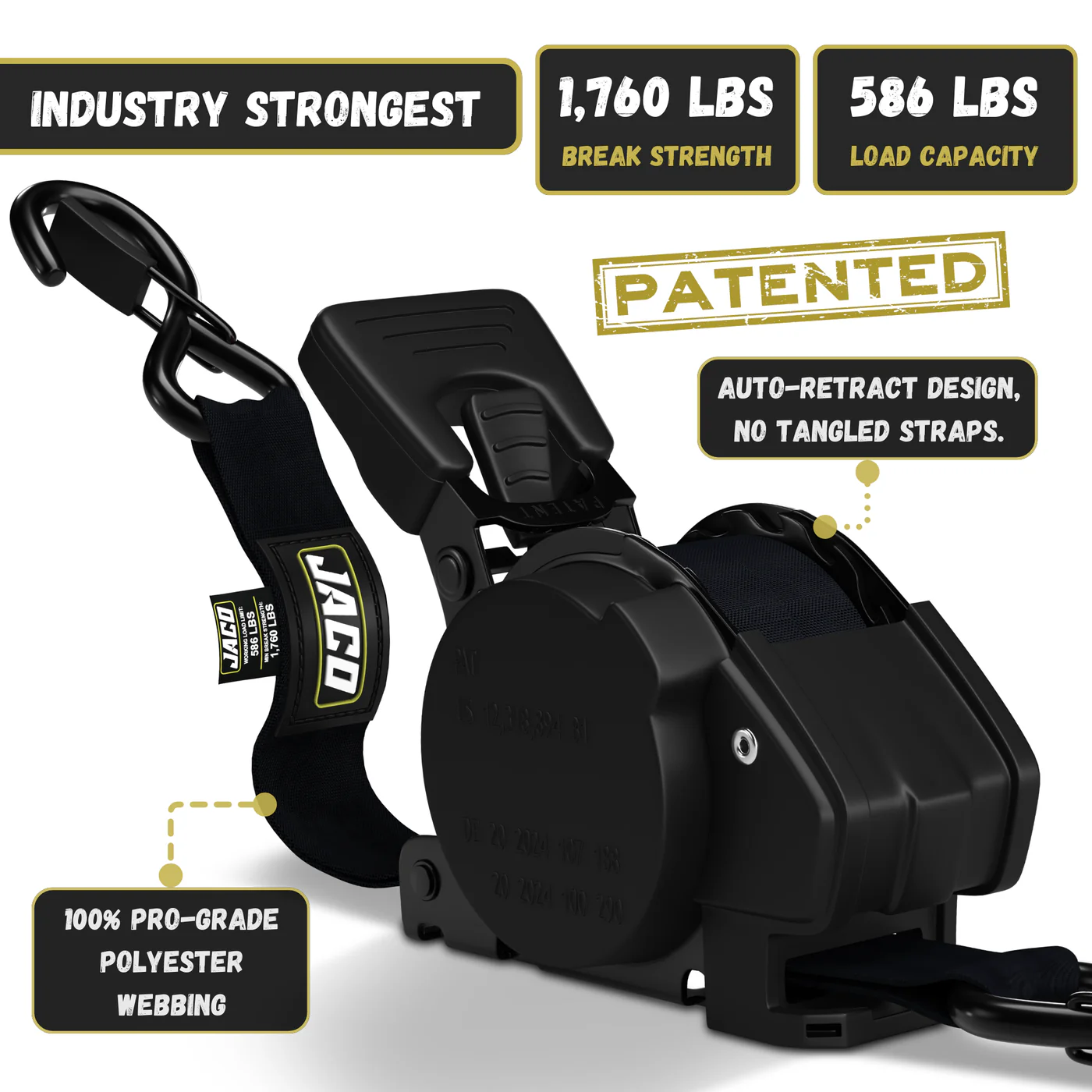 Retractable Ratchet Straps - 1" x 15 ft (1,760 lbs Break Strength) | Auto Self Retracting Cargo Tie Down Strap Set - Image 3