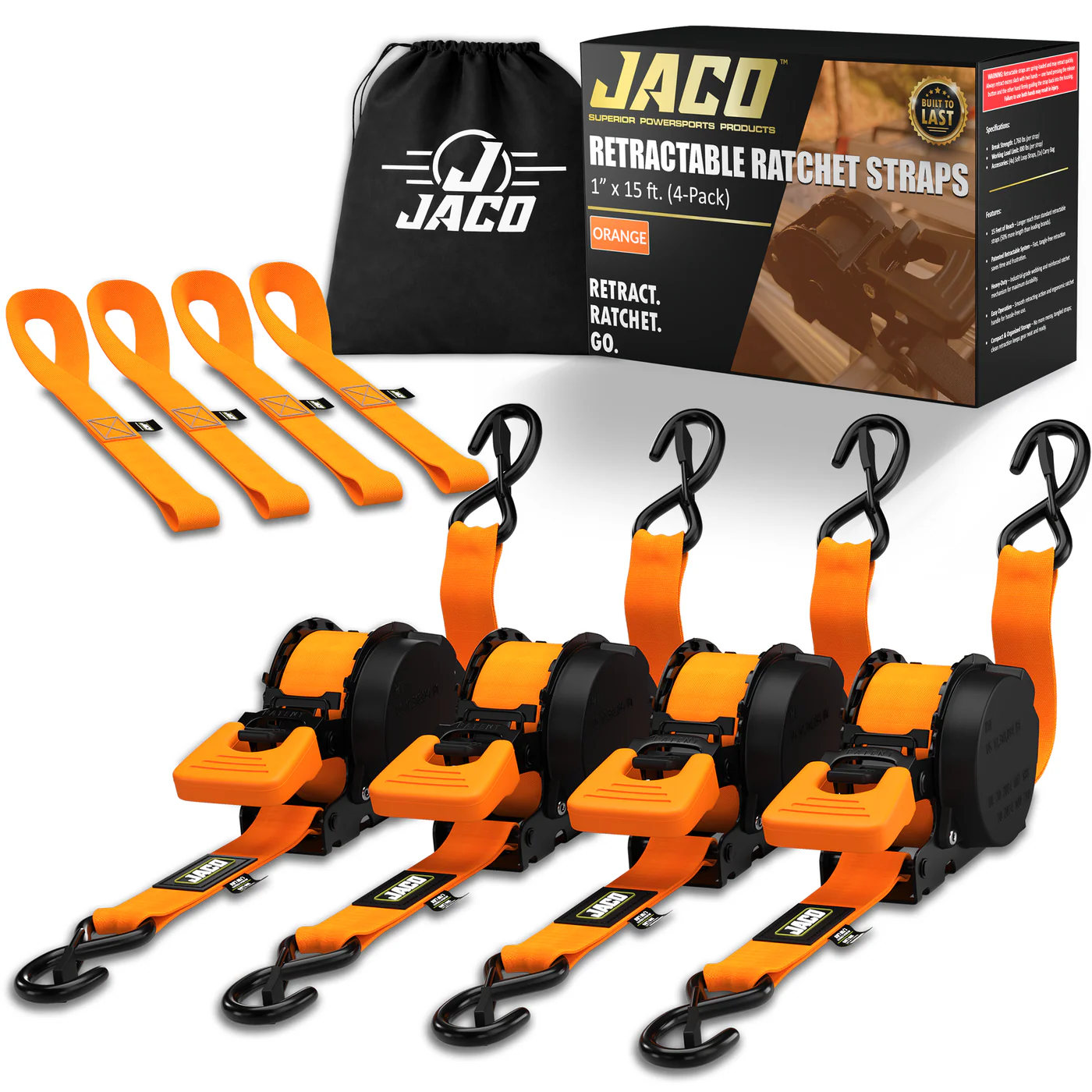 Retractable Ratchet Straps - 1" x 15 ft (1,760 lbs Break Strength) | Auto Self Retracting Cargo Tie Down Strap Set - Image 32