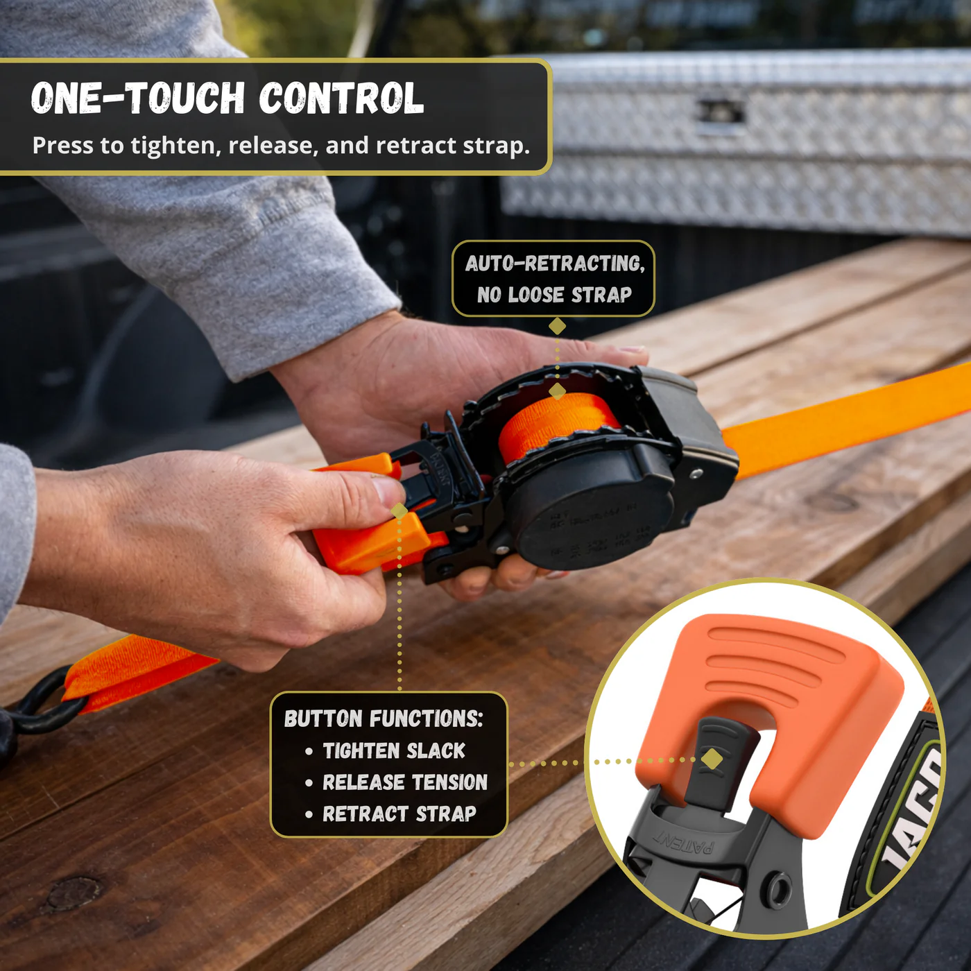 Retractable Ratchet Straps - 1" x 15 ft (1,760 lbs Break Strength) | Auto Self Retracting Cargo Tie Down Strap Set - Image 34