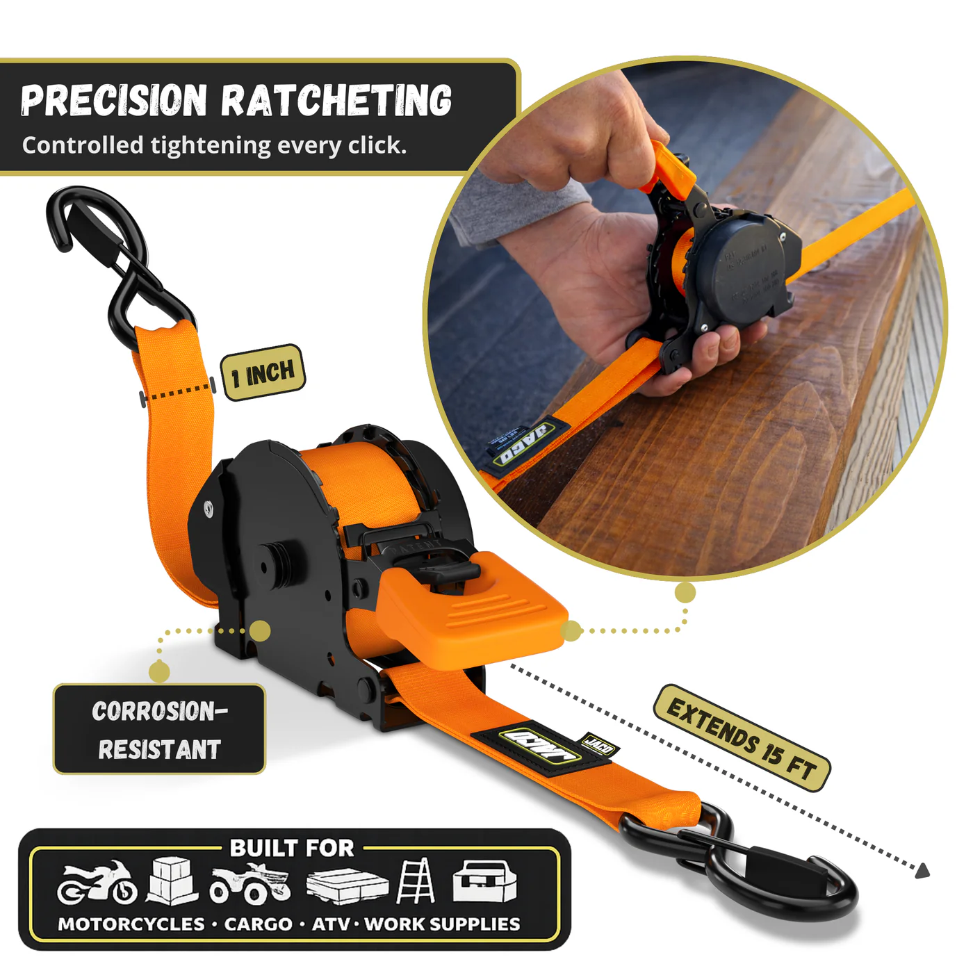 Retractable Ratchet Straps - 1" x 15 ft (1,760 lbs Break Strength) | Auto Self Retracting Cargo Tie Down Strap Set - Image 35