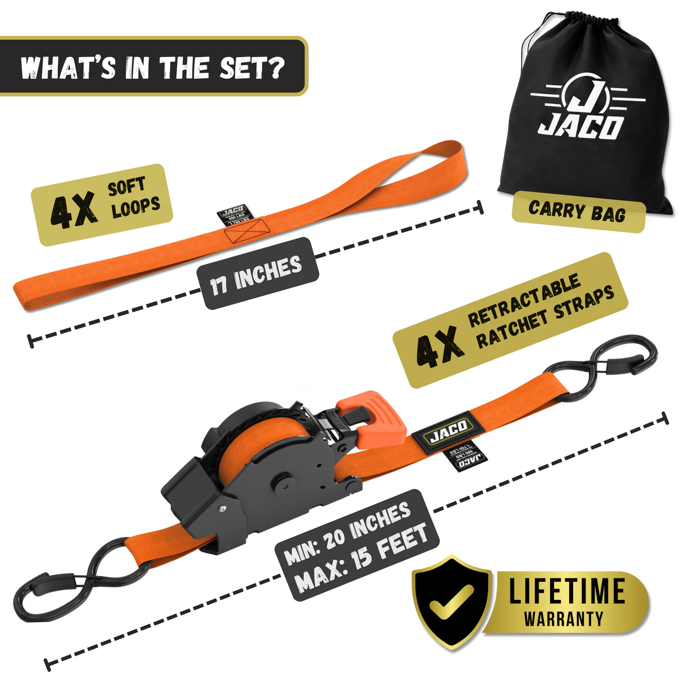 Retractable Ratchet Straps - 1" x 15 ft (1,760 lbs Break Strength) | Auto Self Retracting Cargo Tie Down Strap Set - Image 38