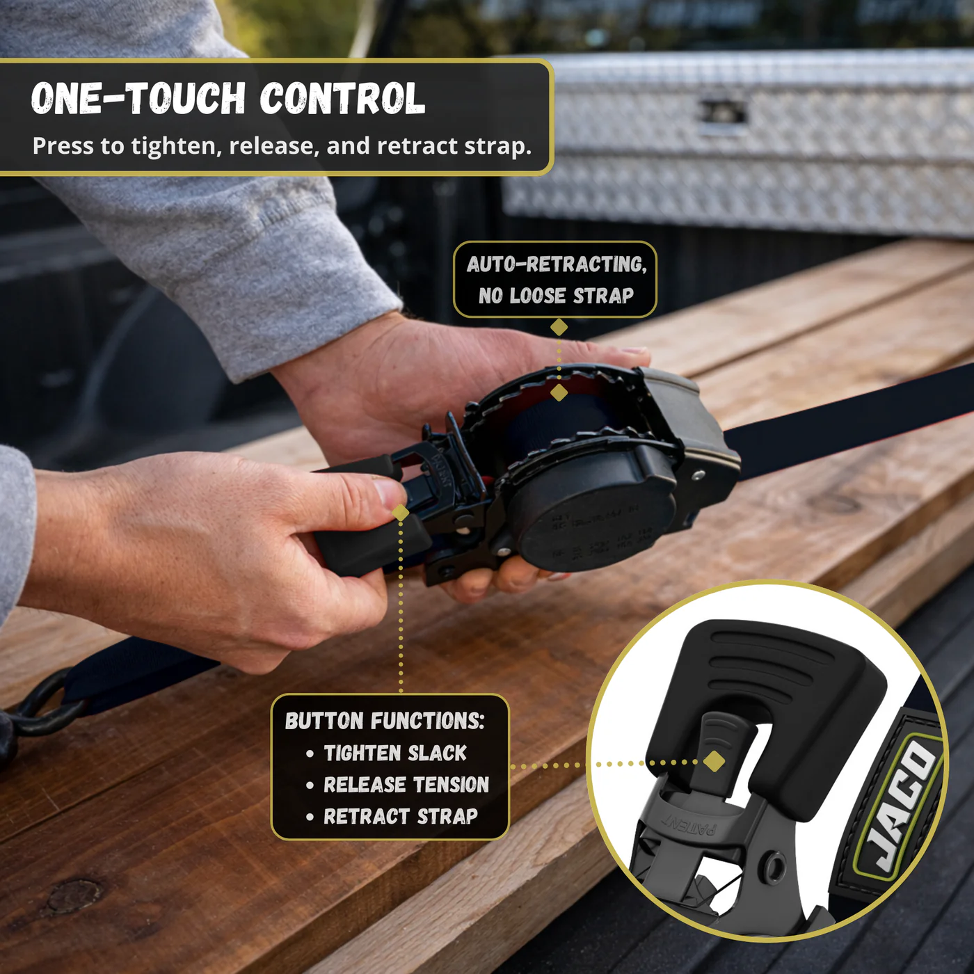 Retractable Ratchet Straps - 1" x 15 ft (1,760 lbs Break Strength) | Auto Self Retracting Cargo Tie Down Strap Set - Image 4
