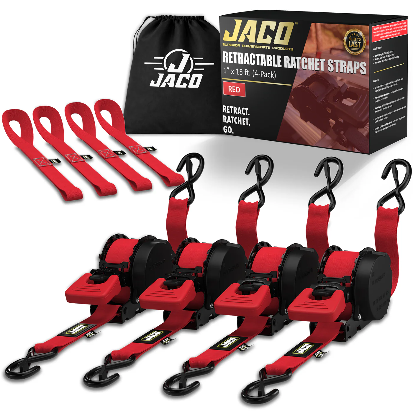 Retractable Ratchet Straps - 1" x 15 ft (1,760 lbs Break Strength) | Auto Self Retracting Cargo Tie Down Strap Set - Image 42