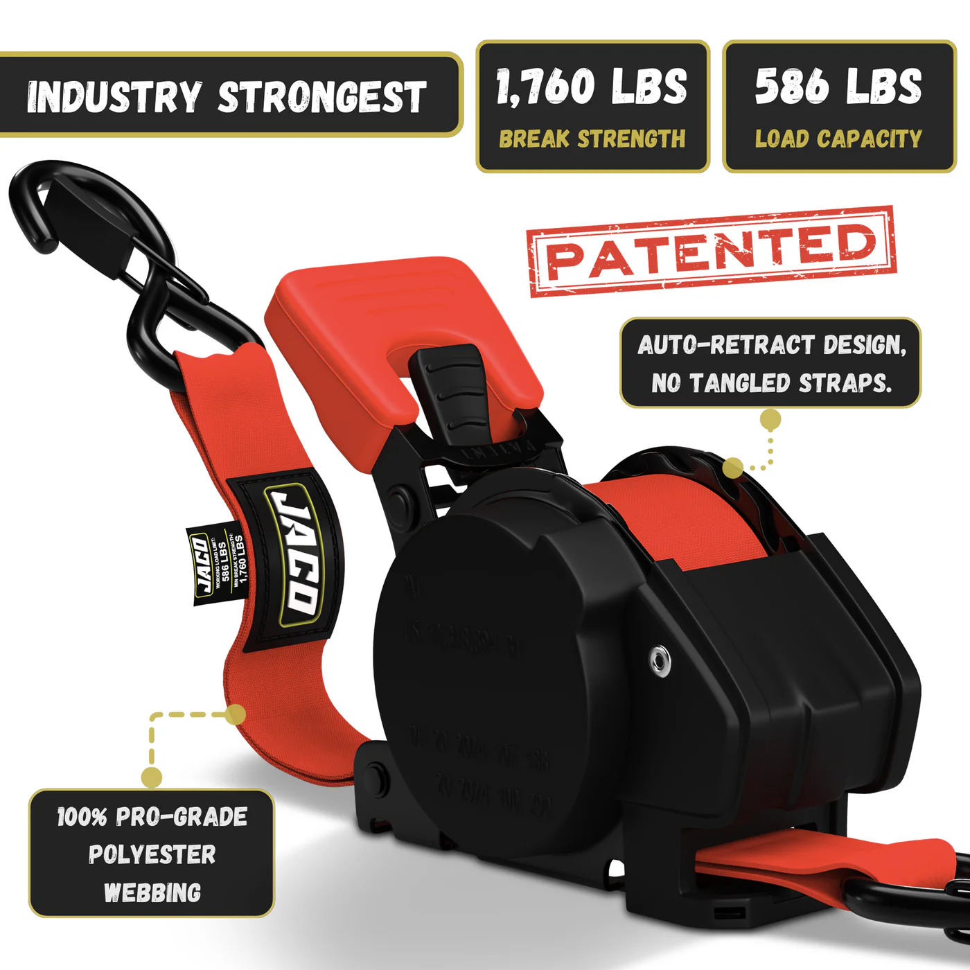 Retractable Ratchet Straps - 1" x 15 ft (1,760 lbs Break Strength) | Auto Self Retracting Cargo Tie Down Strap Set - Image 43