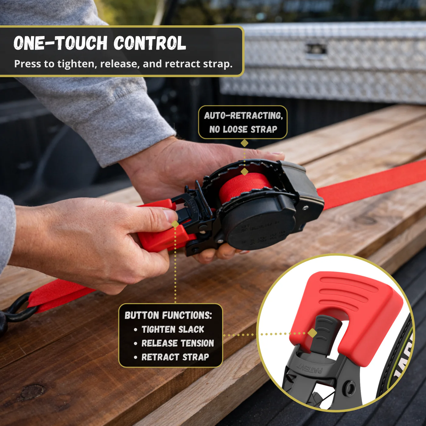 Retractable Ratchet Straps - 1" x 15 ft (1,760 lbs Break Strength) | Auto Self Retracting Cargo Tie Down Strap Set - Image 44