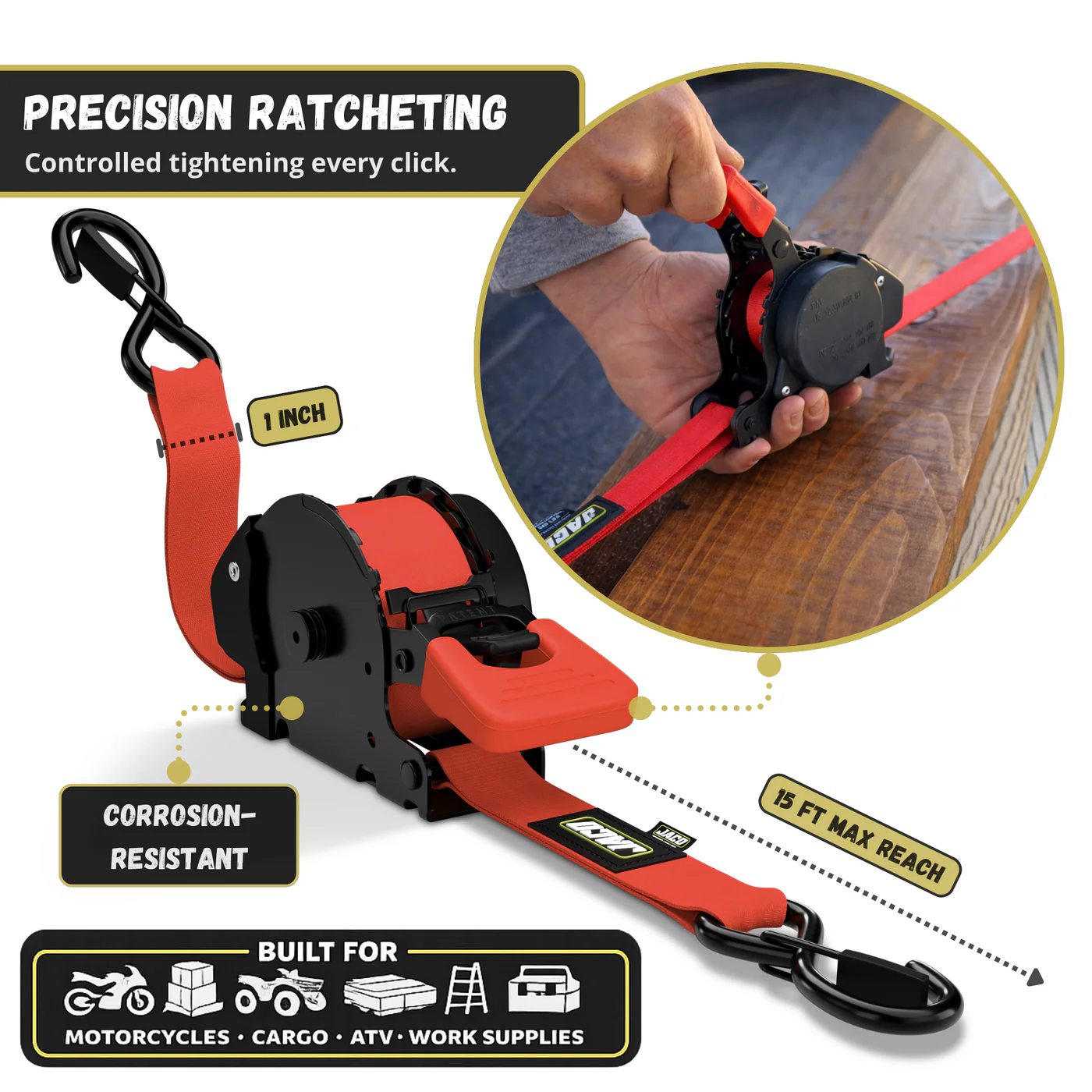 Retractable Ratchet Straps - 1" x 15 ft (1,760 lbs Break Strength) | Auto Self Retracting Cargo Tie Down Strap Set - Image 45