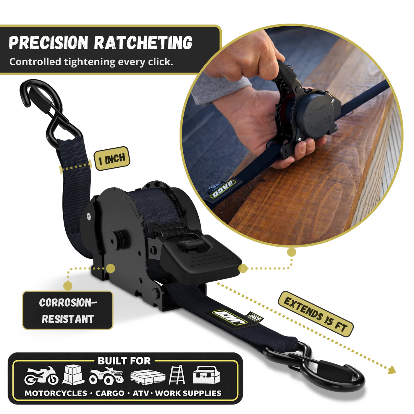 Retractable Ratchet Straps - 1" x 15 ft (1,760 lbs Break Strength) | Auto Self Retracting Cargo Tie Down Strap Set - Image 5