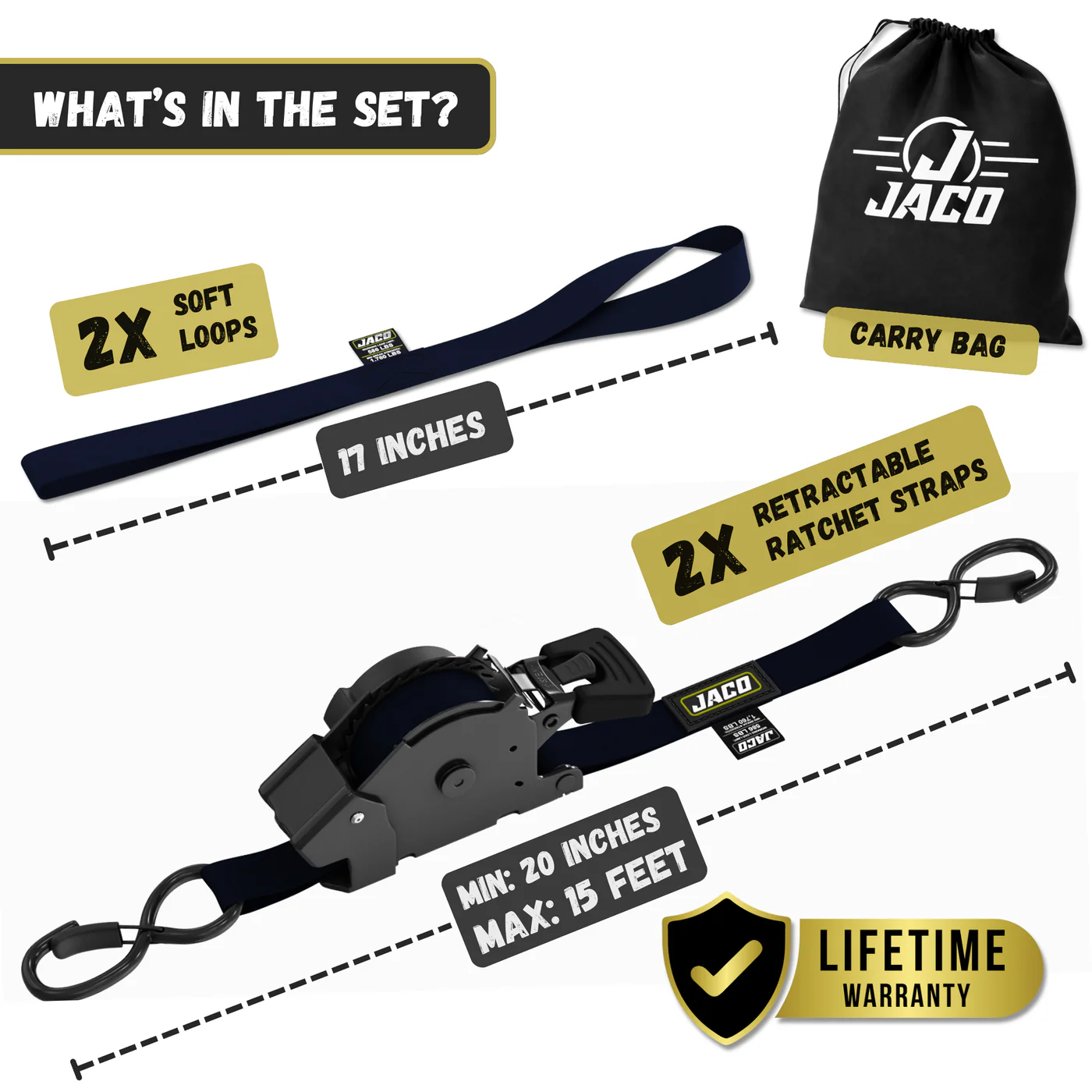 Retractable Ratchet Straps - 1" x 15 ft (1,760 lbs Break Strength) | Auto Self Retracting Cargo Tie Down Strap Set - Image 7