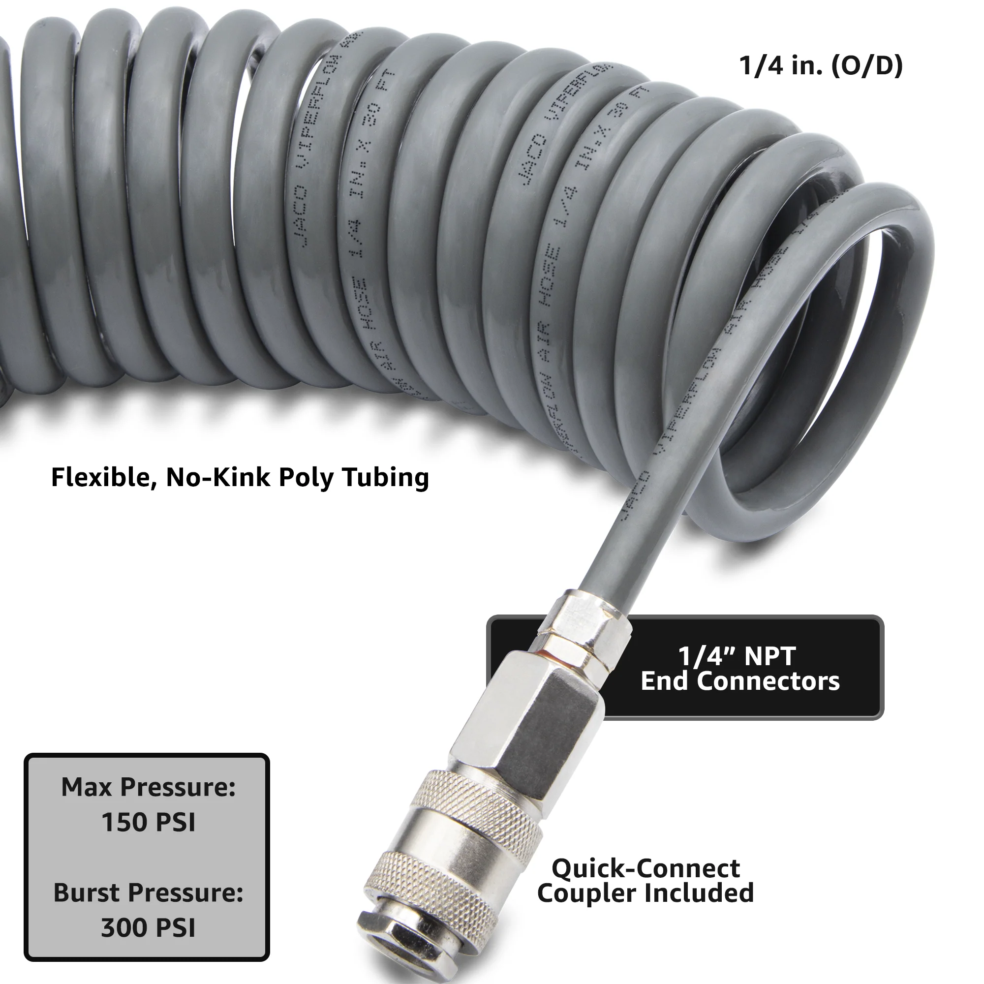Polyurethane Coiled Air Hose Kit - 1/4" x 30 ft | with Air Compressor Fittings - Image 3
