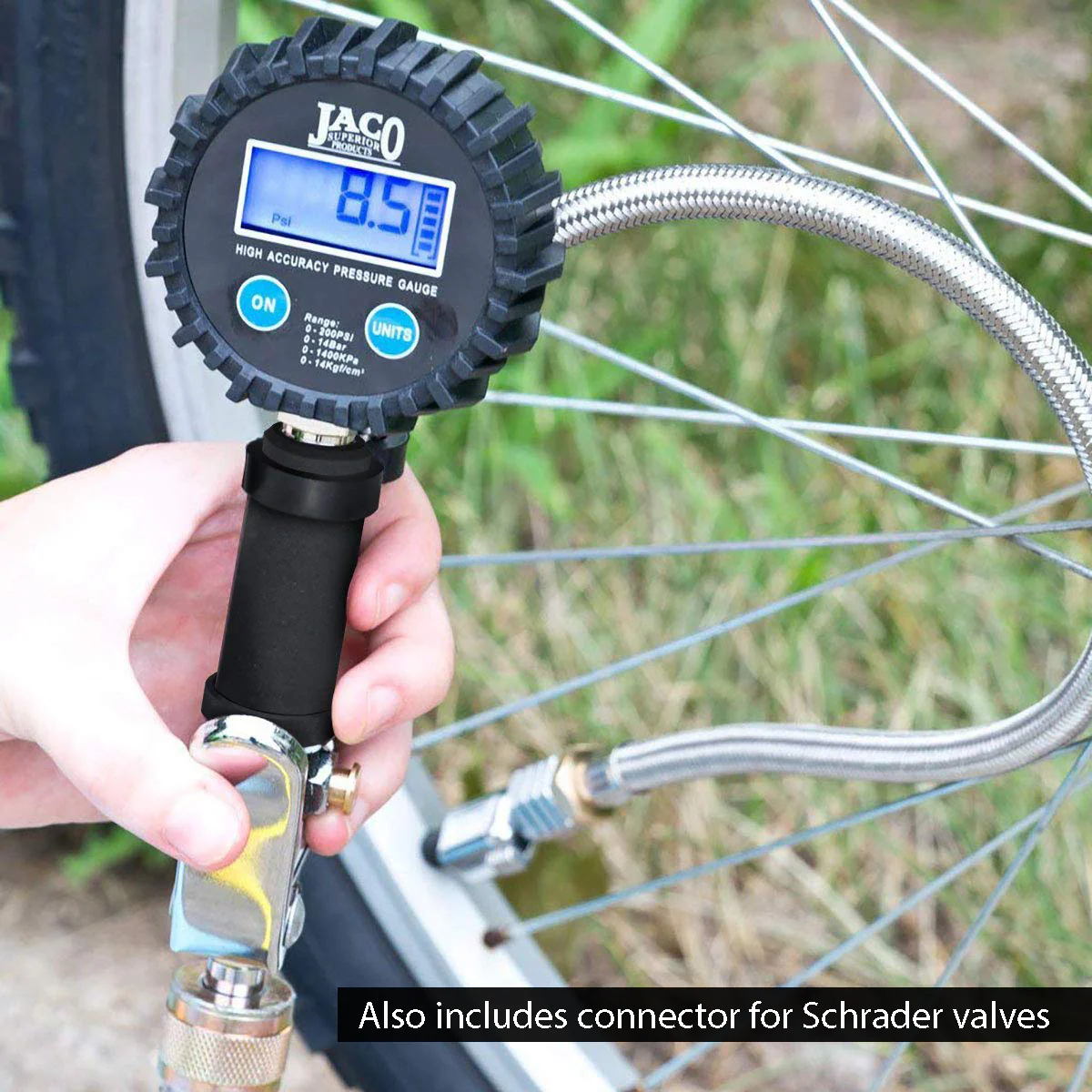 FlowPro® Bike Tire Inflator with Gauge - 200 PSI | with Lock-on Presta + Schrader Air Chucks (Bundle) - Image 6