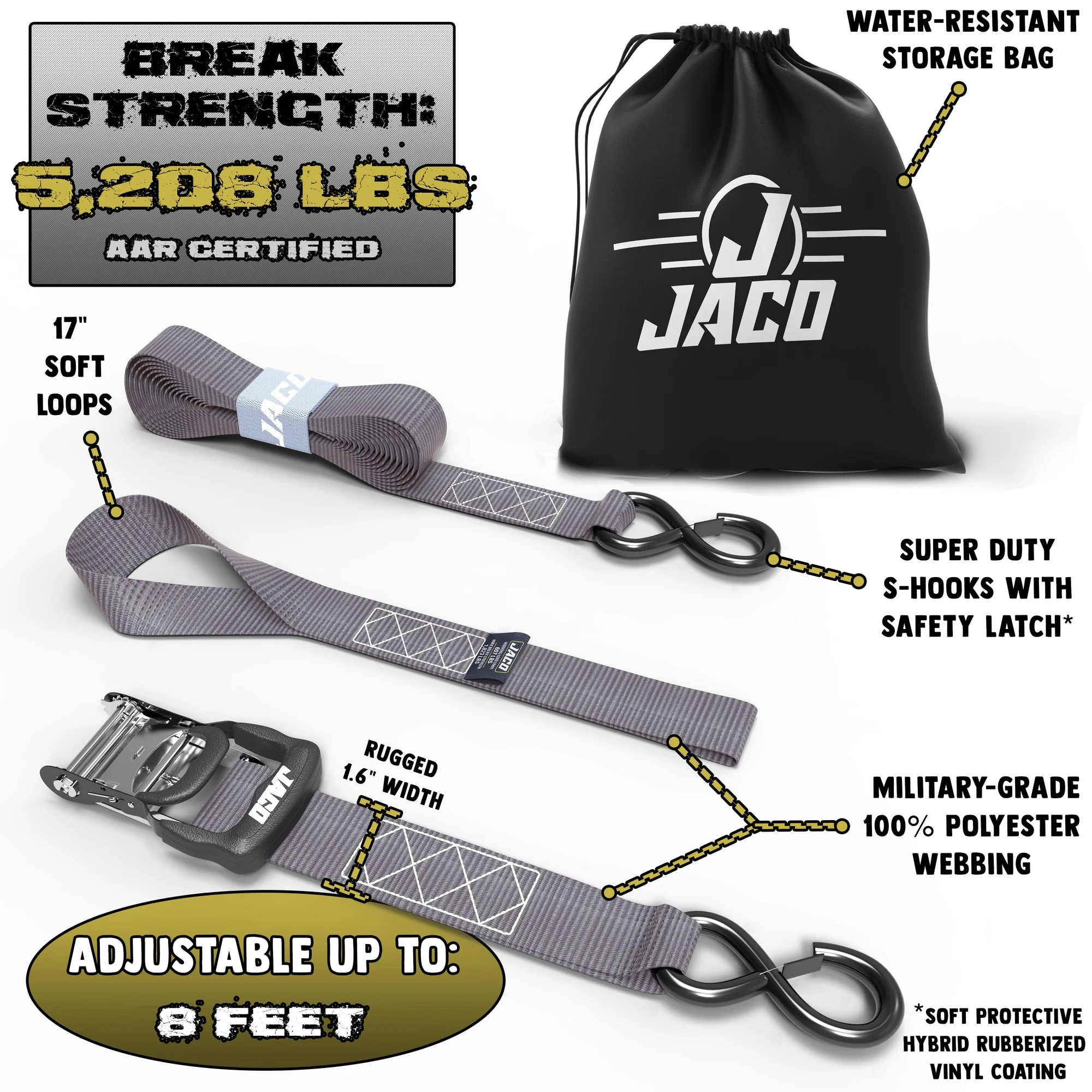 Heavy Duty Ratchet Tie Down Straps with Soft Loops (1.6" x 8 ft) | AAR Certified Break Strength (5,208 lbs) - Image 16