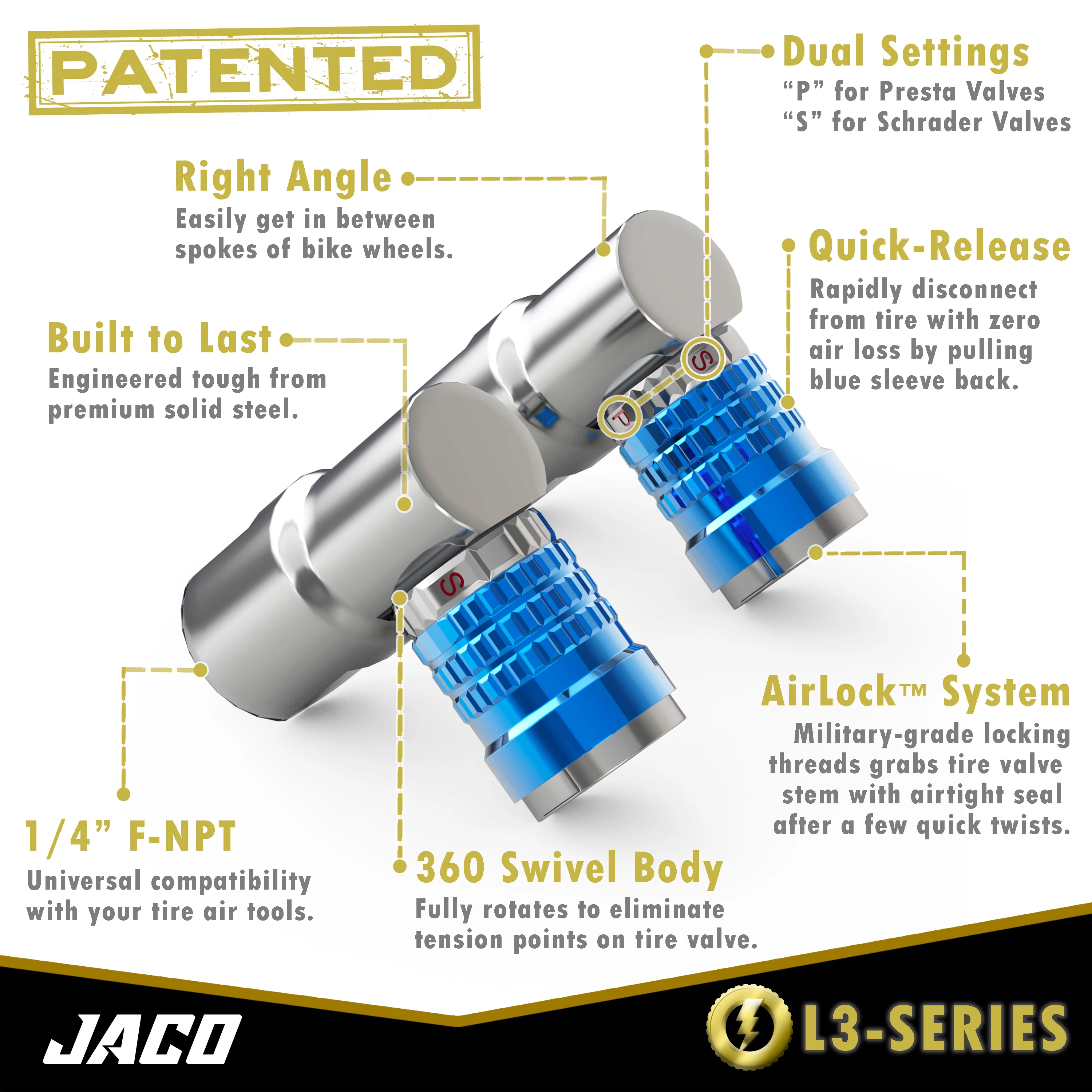 Lightning™ L3-Series Bike Tire Air Chuck - 1/4" F-NPT (Presta + Schrader Valves) | Open Flow (2 Pack) - Image 3