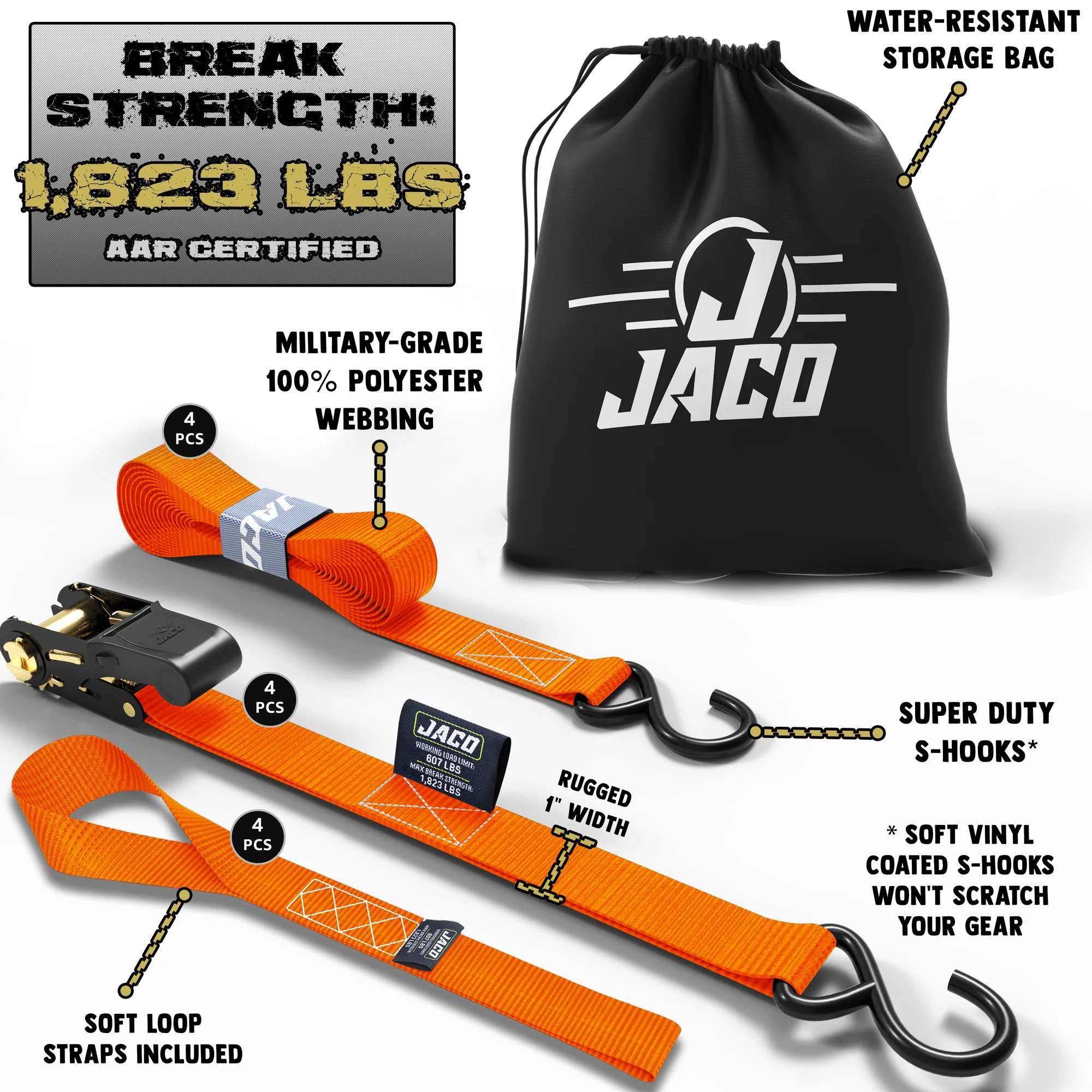 Tie Down Ratchet Straps (4 Pack) - 1 in x 15 ft | AAR Certified Break Strength (1,823 lbs) | Cargo Tie Down Set - Image 10