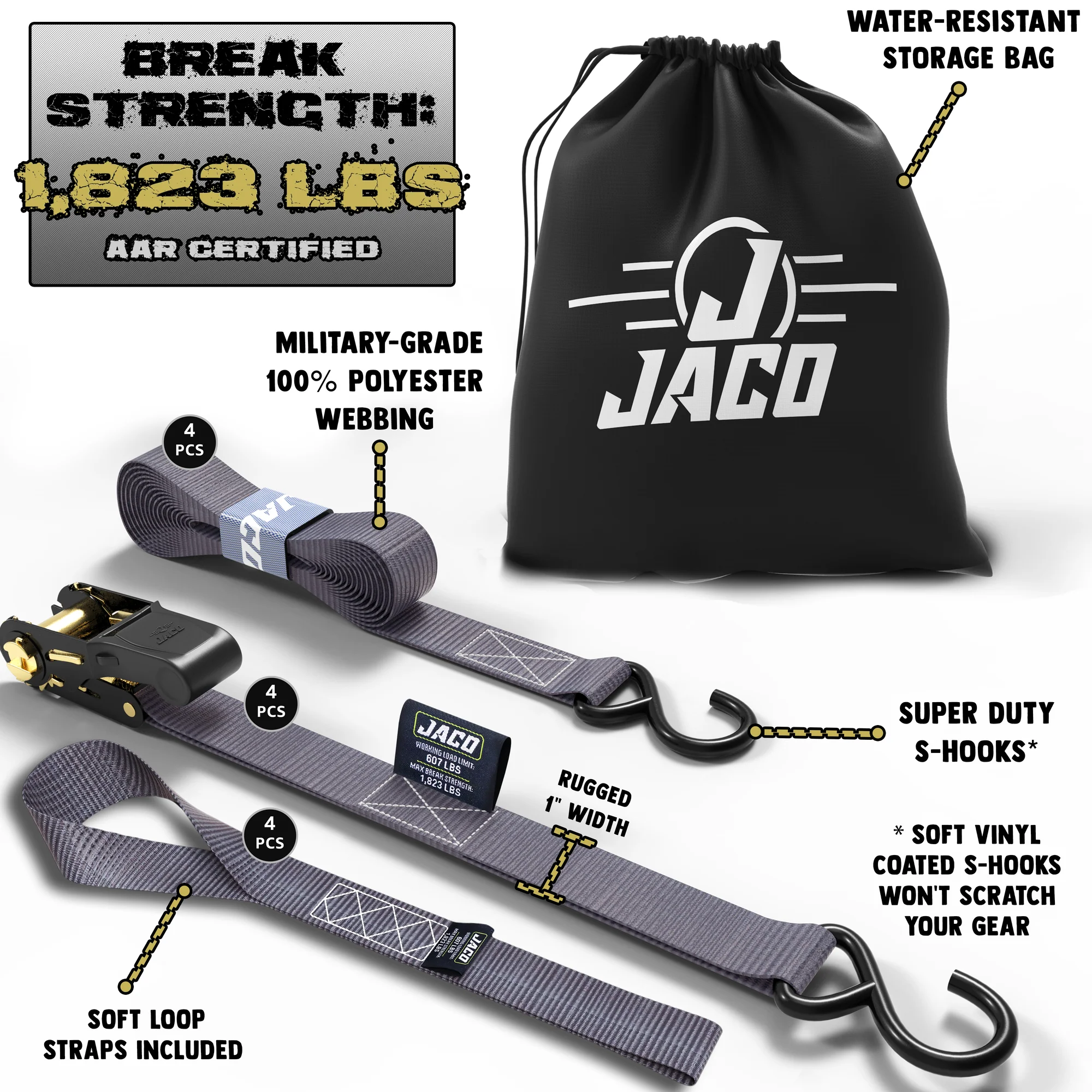 Tie Down Ratchet Straps (4 Pack) - 1 in x 15 ft | AAR Certified Break Strength (1,823 lbs) | Cargo Tie Down Set - Image 16