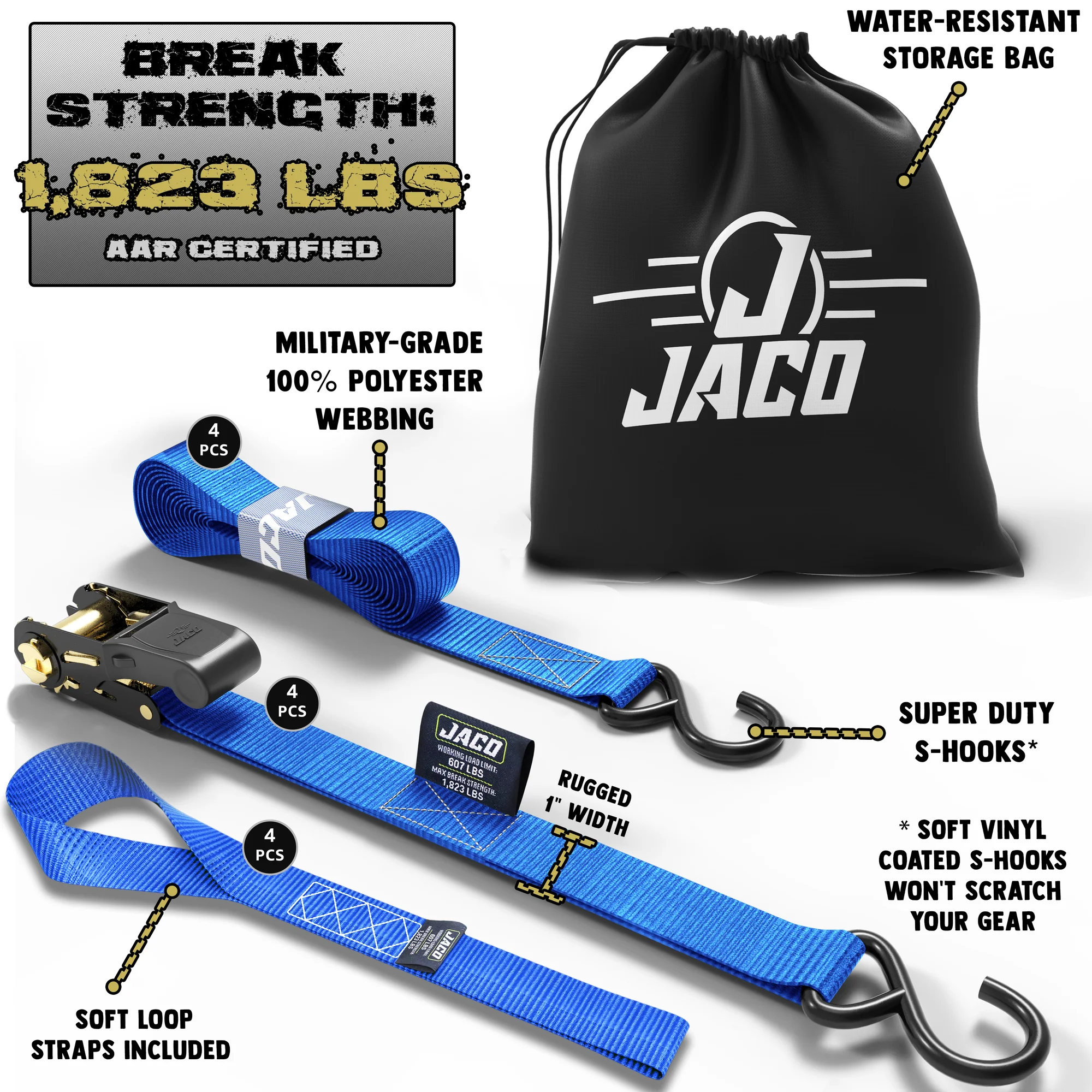 Tie Down Ratchet Straps (4 Pack) - 1 in x 15 ft | AAR Certified Break Strength (1,823 lbs) | Cargo Tie Down Set - Image 22