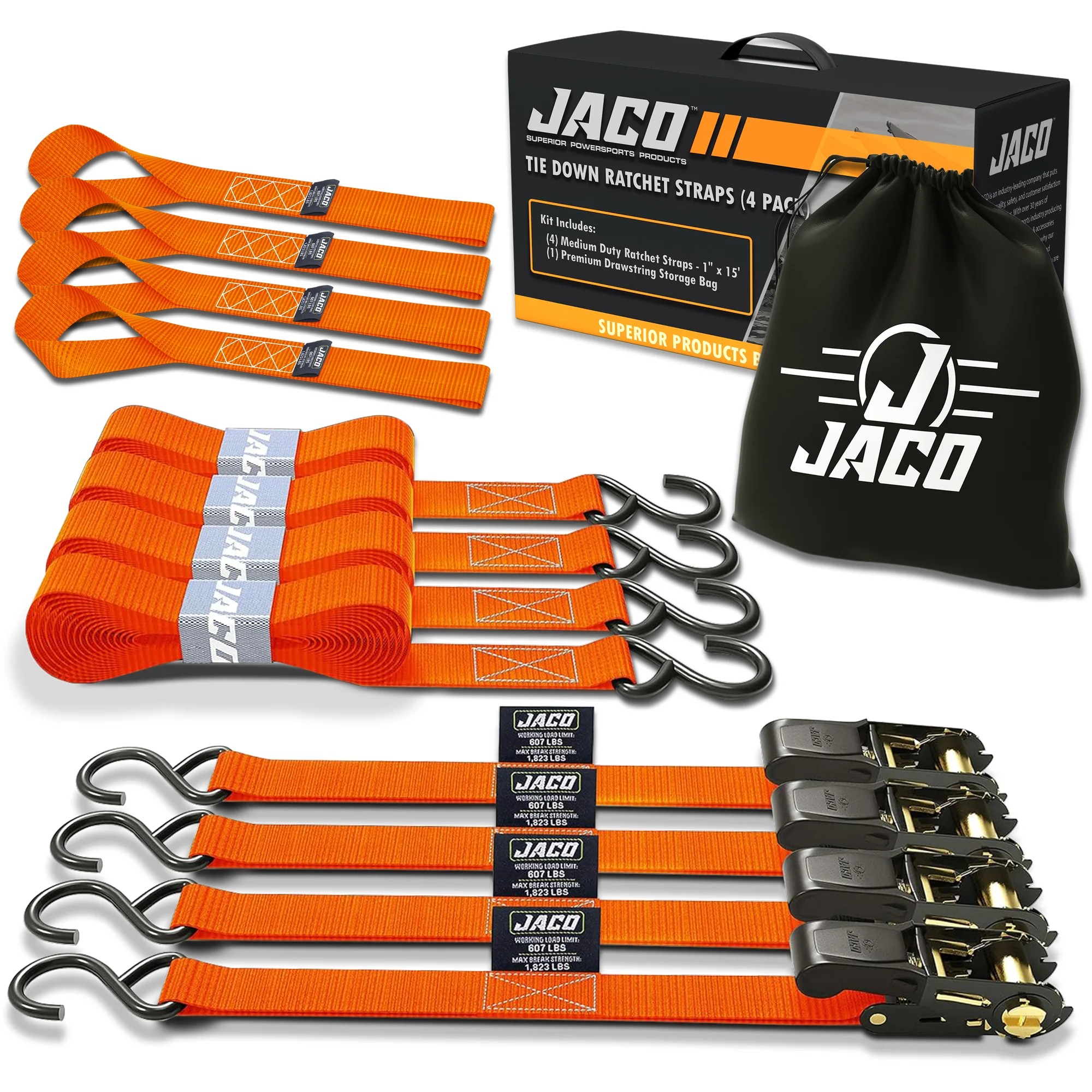 Tie Down Ratchet Straps (4 Pack) - 1 in x 15 ft | AAR Certified Break Strength (1,823 lbs) | Cargo Tie Down Set - Image 8