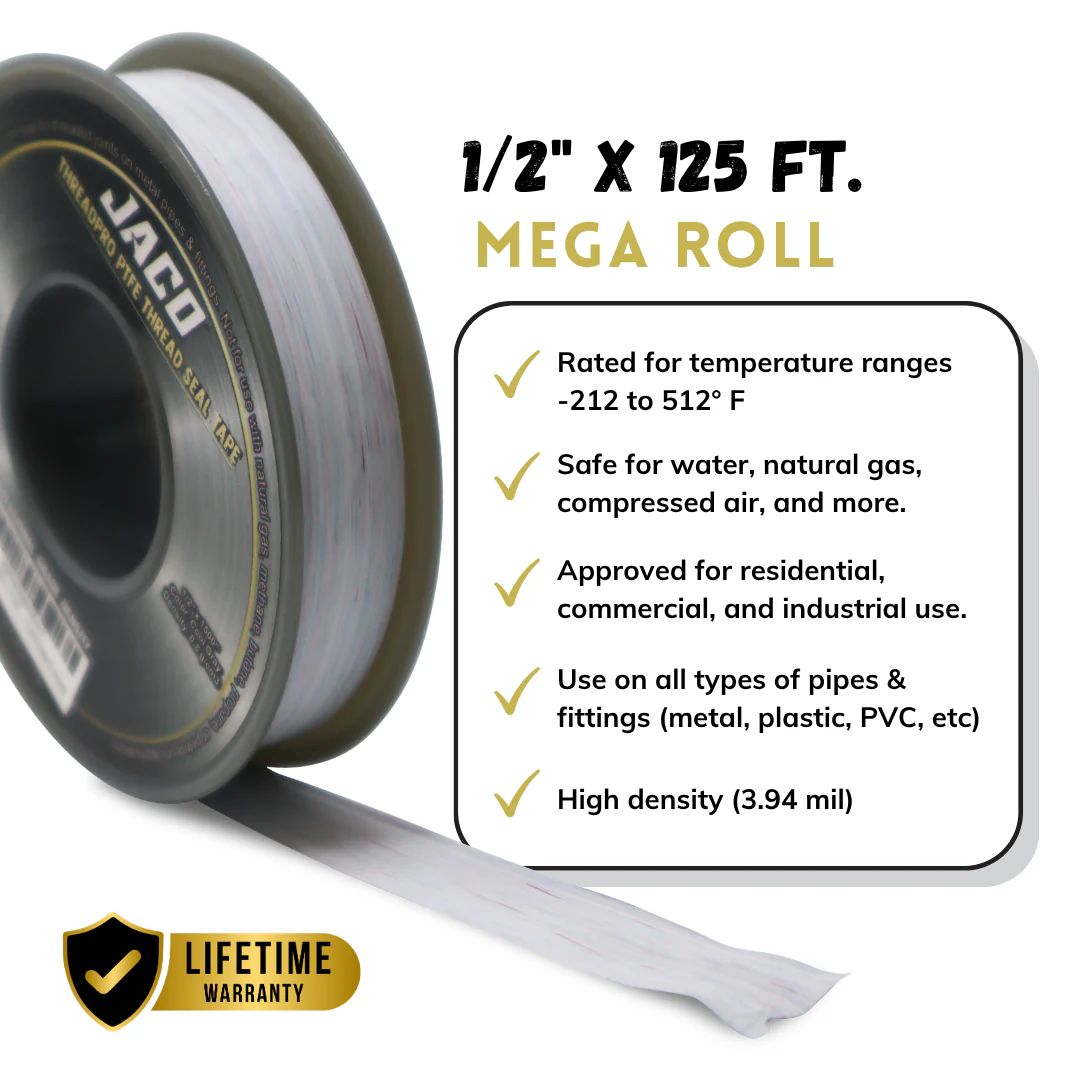 ThreadPro™ PTFE Thread Seal Tape | Professional Grade Plumbing Tape - 1/2" x 125 ft. (Mega Roll) - Image 4